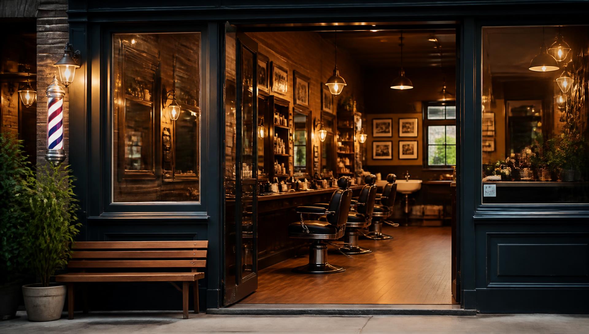 Atlas Barbershop storefront with warm interior lighting