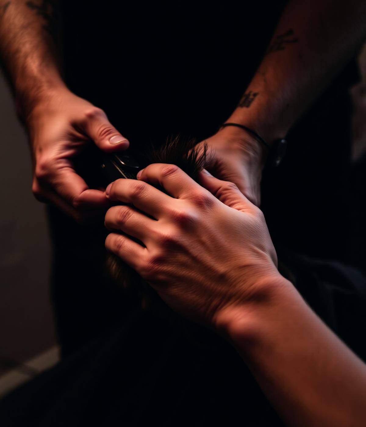 Close-up of a barber's hands cutting hair with scissors and comb
