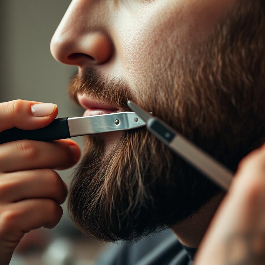 Barber shaping a client's beard with a straight razor