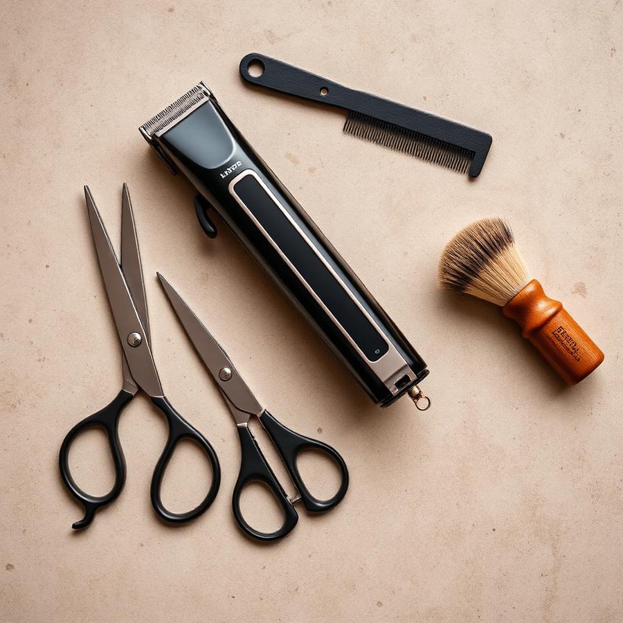 Barber tools laid out on the workstation